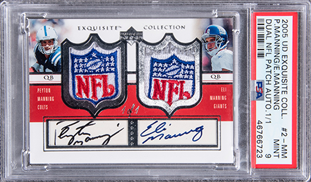 2005 Upper Deck "Exquisite Collection" Dual NFL Patch Autographs #2 Peyton Manning/Eli Manning Signed NFL Shield Game Worn Patch Card 1/1 (PSA 9 - Mint)