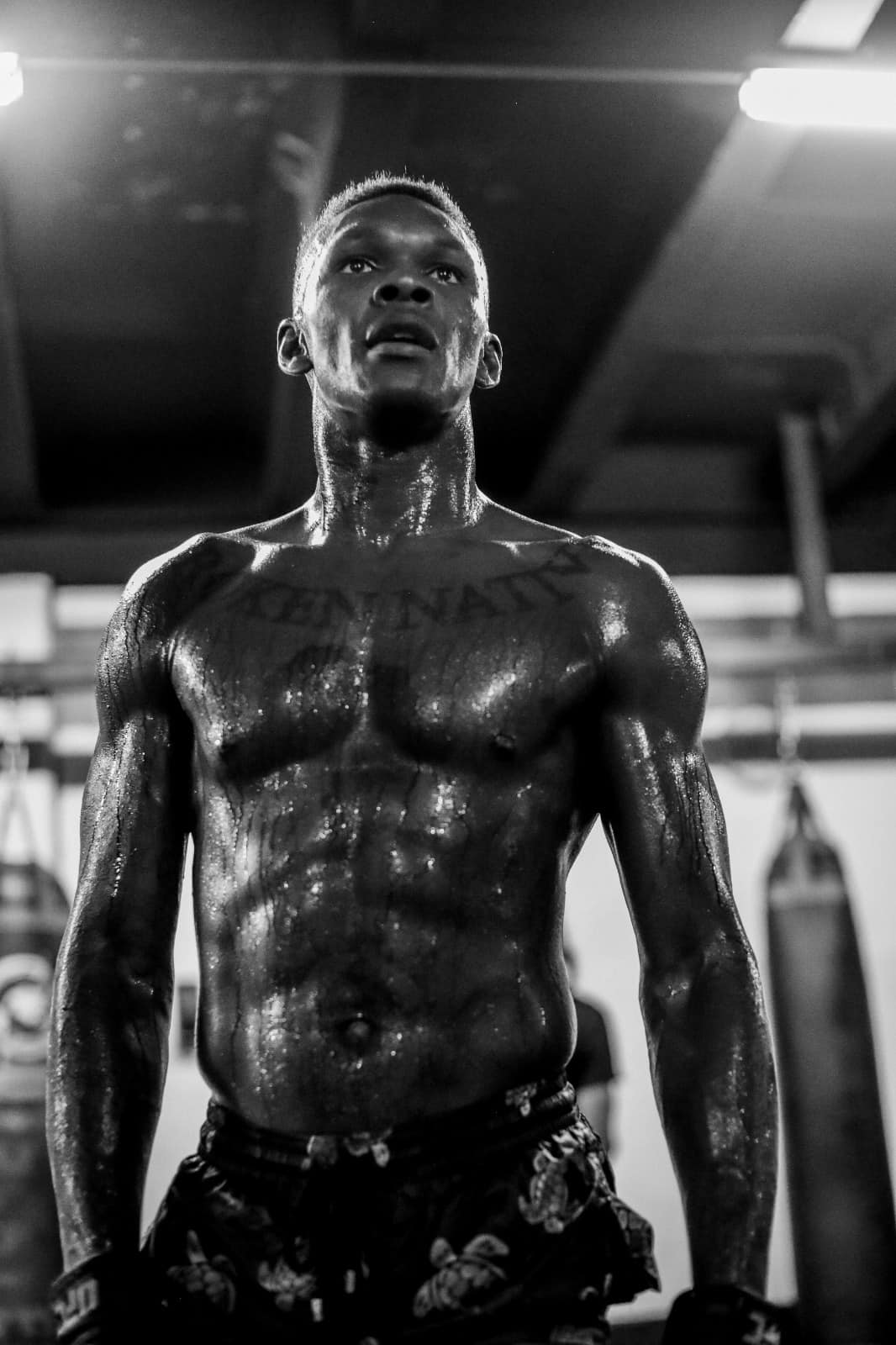 Israel Adesanya, shirtless and shining at the gym