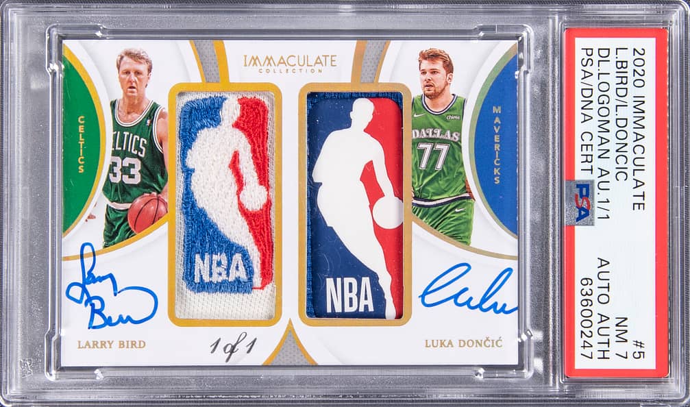 2020-21 Panini Immaculate Collection "Dual Logoman Autographs" #LLD Larry Bird/Luka Doncic Dual-Signed Logoman Game-Used Patch Card (#1/1) – PSA NM 7, PSA/DNA Authentic