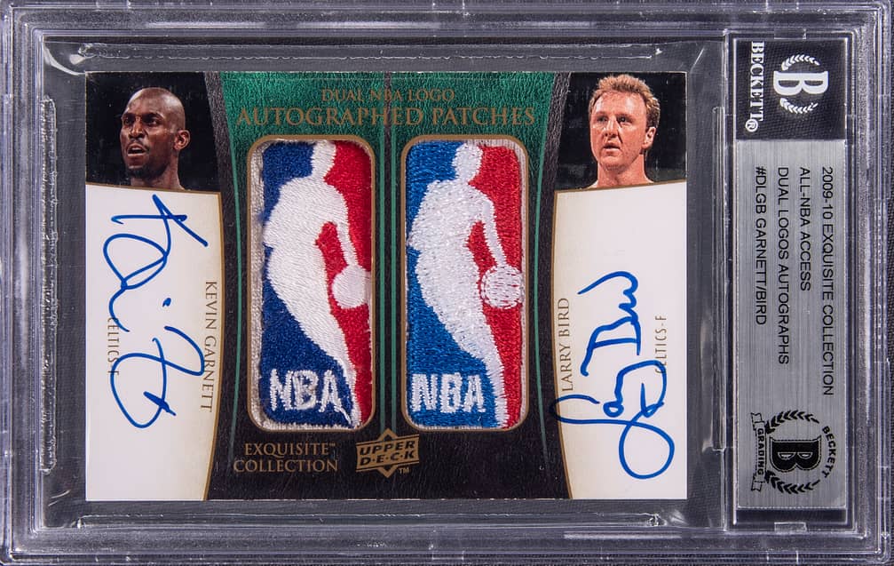 2009/10 UD "Exquisite Collection" All NBA Access "Dual Logoman Patch Autographs" #DLGB Larry Bird/Kevin Garnett Dual Signed Game Used Logoman Patch Card (#1/1) – BGS Encapsulated