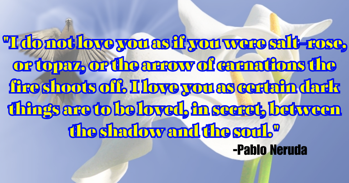 "I do not love you as if you were salt-rose, or topaz, or the arrow of carnations the fire shoots off. I love you as certain dark things are to be loved, in secret, between the shadow and the soul."