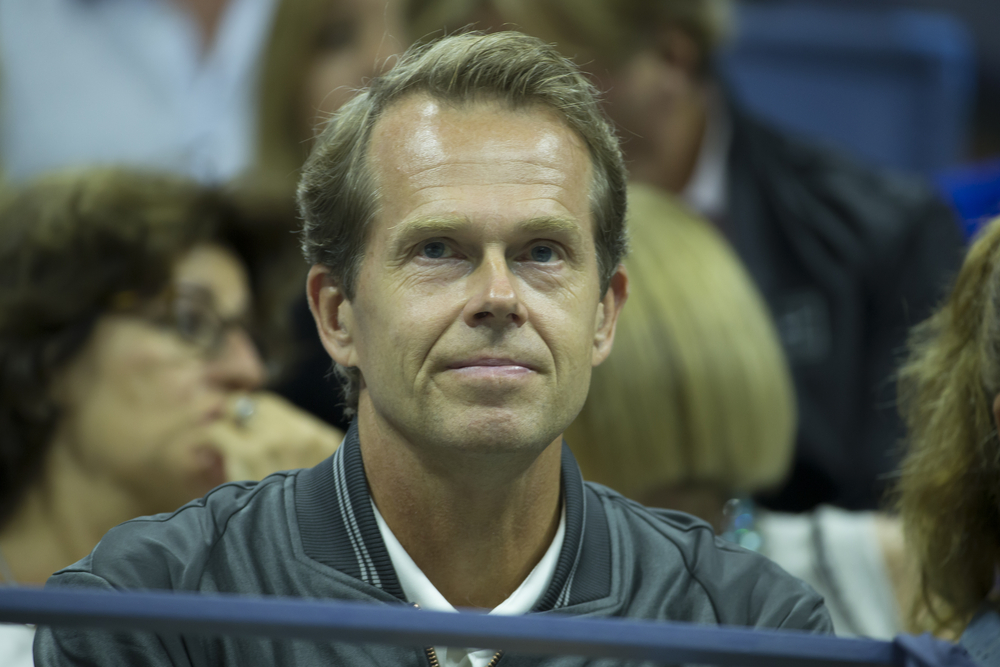 Stefan Edberg attends 4th round match between Roger Federer of Switzerland and John Isner of USA at US Open Championship