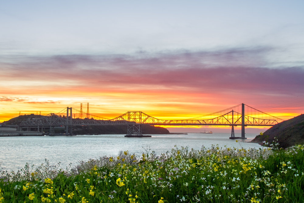 Sunset view of Carquinez bridge at Vallejo, California.