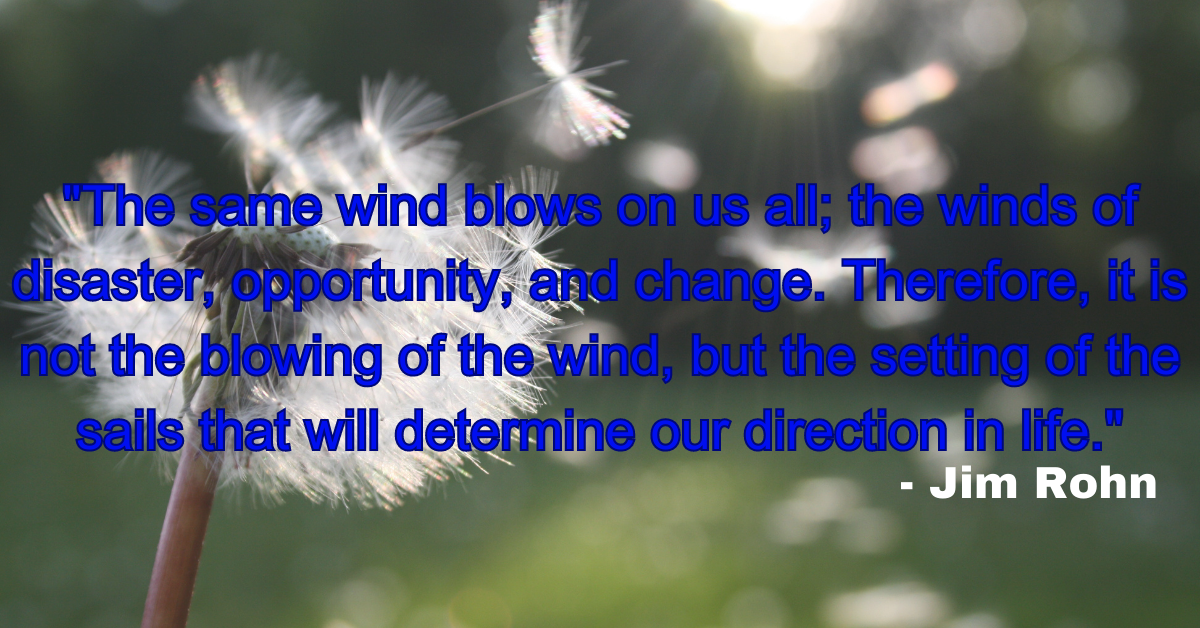 "The same wind blows on us all; the winds of disaster, opportunity, and change. Therefore, it is not the blowing of the wind, but the setting of the sails that will determine our direction in life." - Jim Rohn