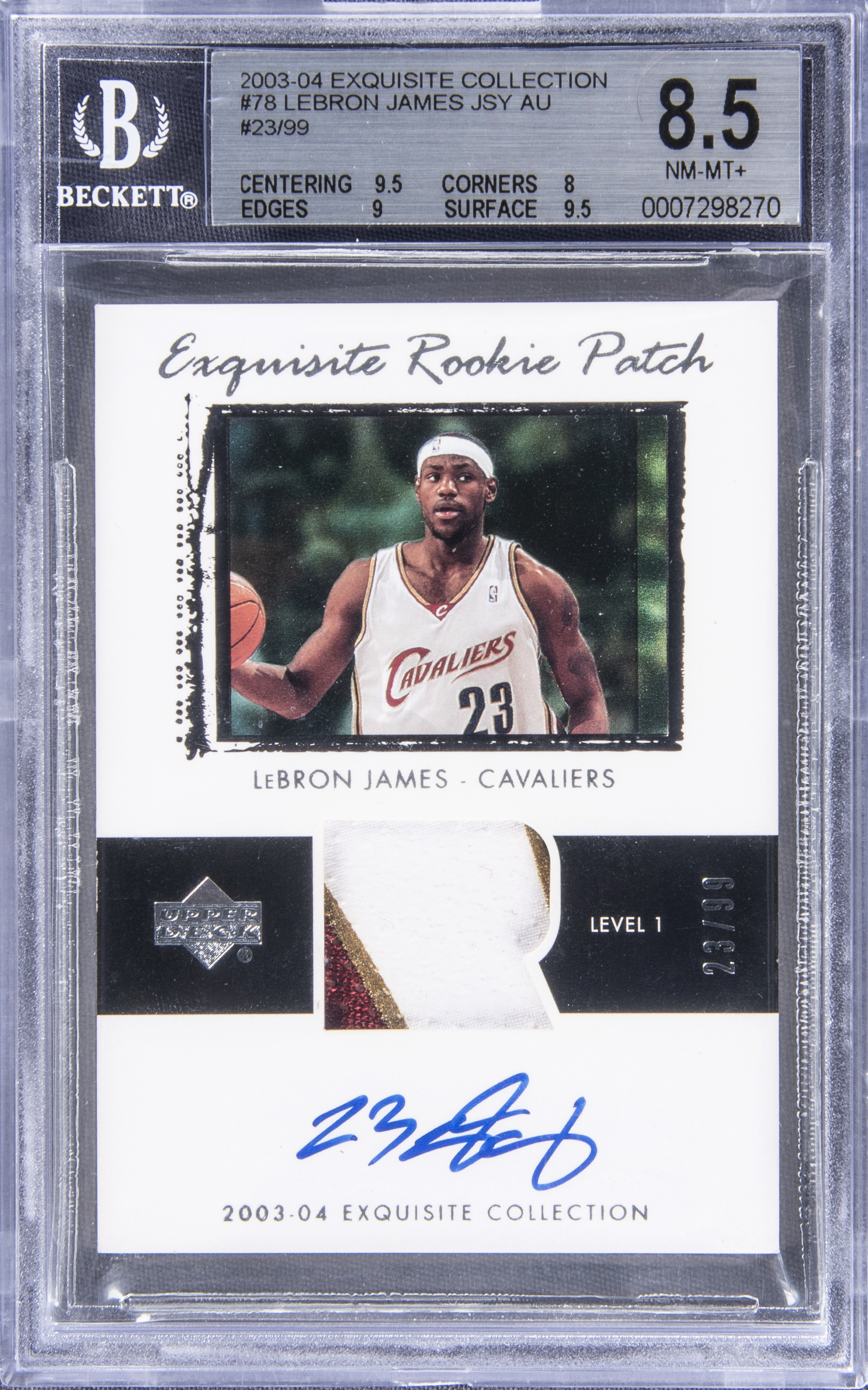 2003-04 UD "Exquisite Collection" Exquisite Rookie Patch Autograph (RPA) #78 LeBron James Signed Patch Rookie Card (#23/99) – LeBron's Jersey Number! – BGS NM-MT+ 8.5/BGS 10