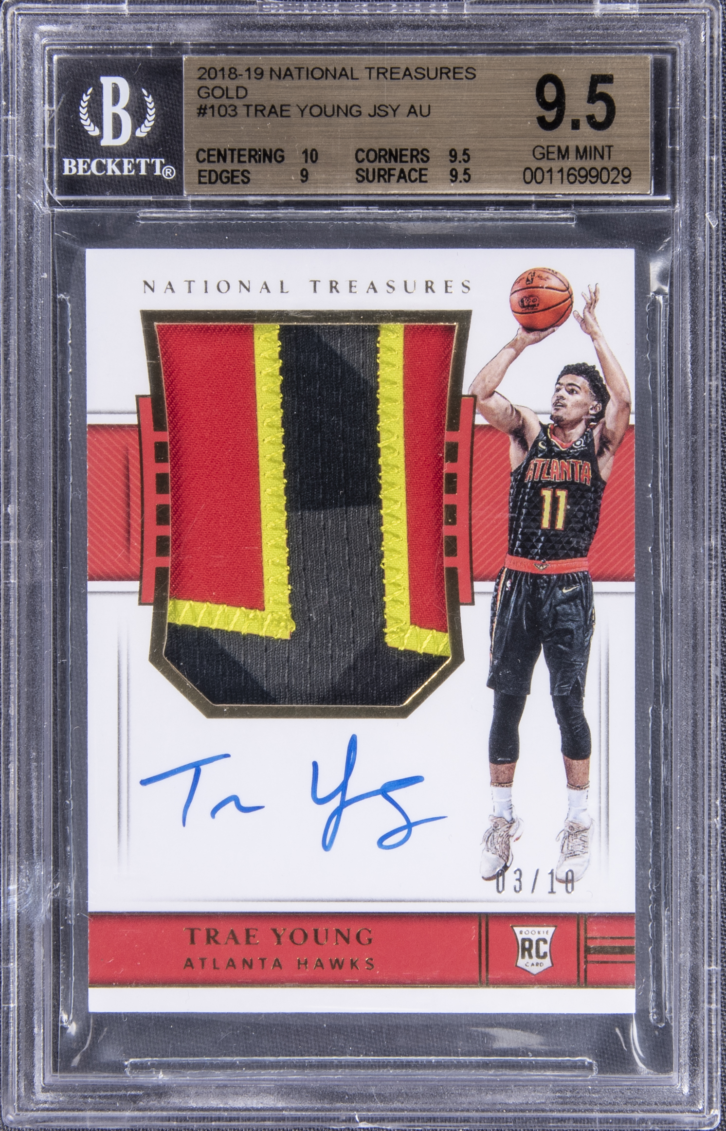 2018-19 Panini National Treasures Rookie Patch Auto (RPA) Gold #103 Trae Young Signed Rookie Patch Card (#03/10) - BGS GEM MINT 9.5/BGS 10