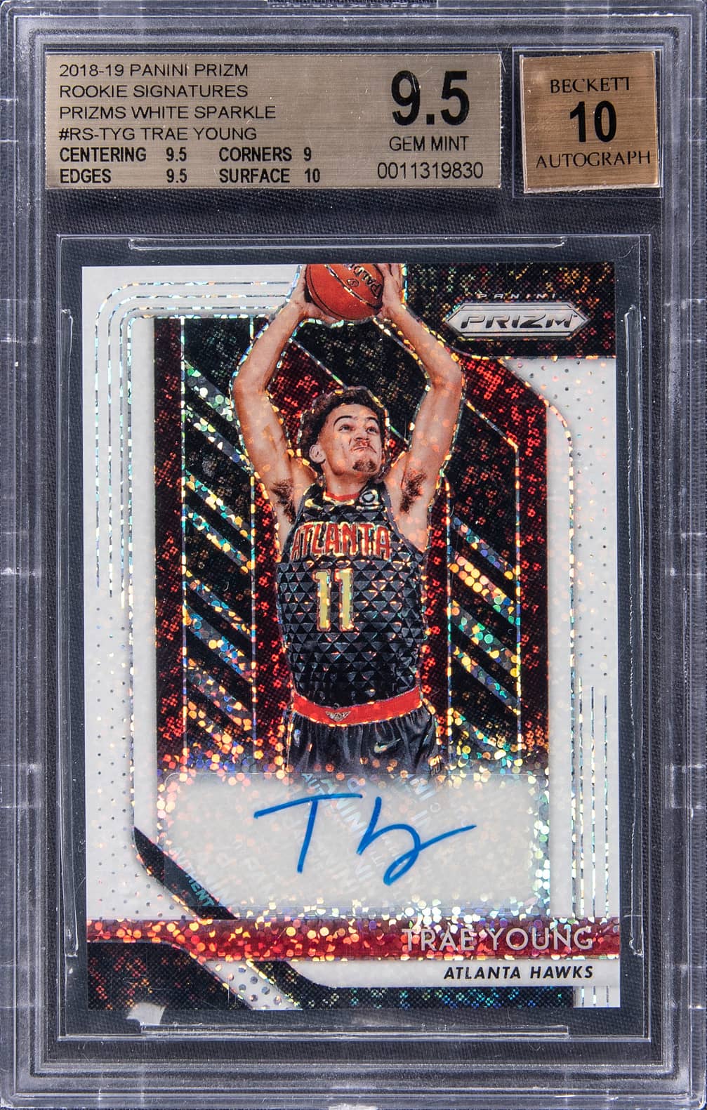 2018-19 Panini Prizm Rookie Signatures White Sparkle Prizm #RS-TYG Trae Young Signed Rookie Card (#1/1) - BGS GEM MINT 9.5/BGS 10