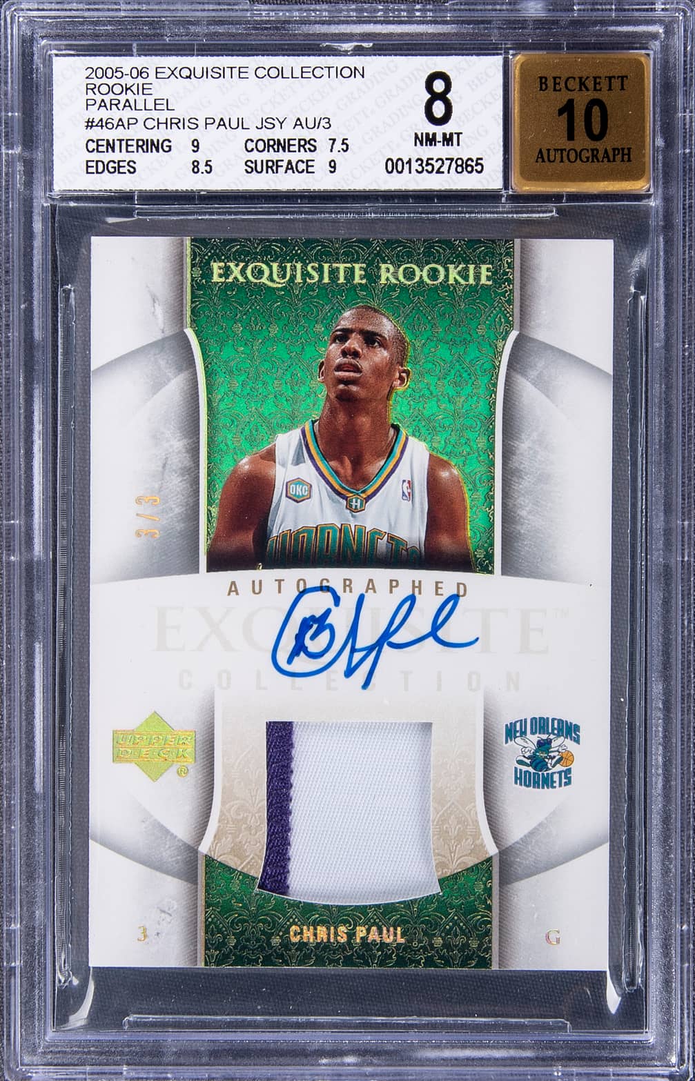 2005-06 UD "Exquisite Collection" Rookie Patch Autograph (RPA) Parallel #46-AP Chris Paul Signed Game Used Patch Rookie Card (#3/3) – Paul's Jersey Number! – BGS NM-MT 8/BGS 10