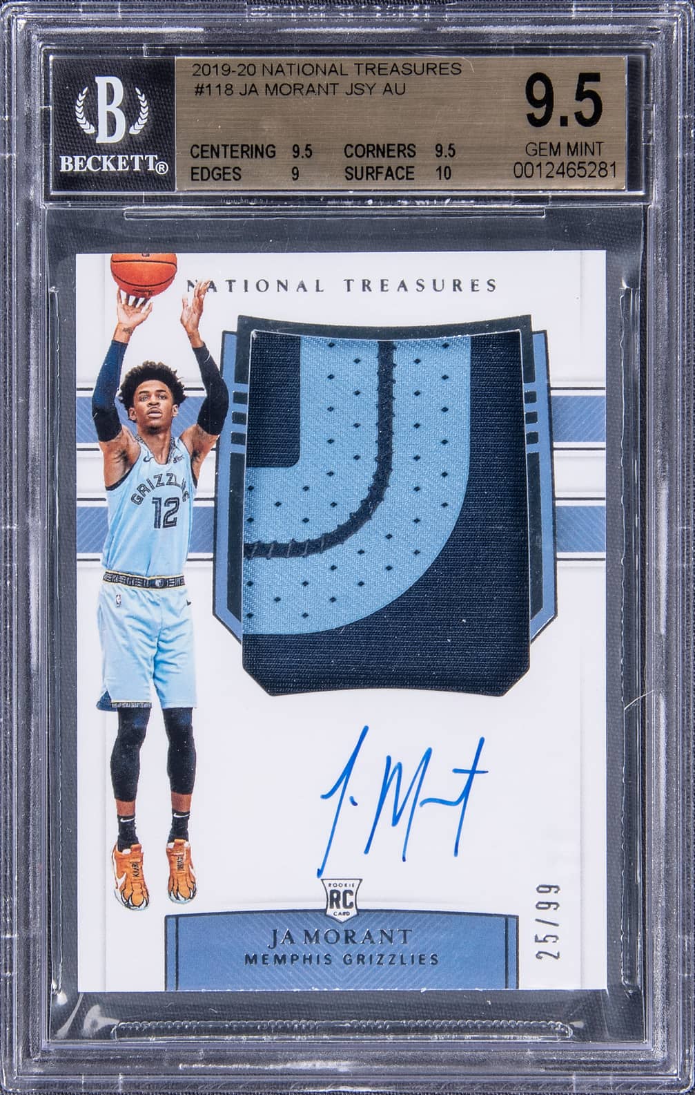 2019-20 Panini National Treasures #118 Ja Morant Signed Patch Rookie Card (#25/99) - BGS GEM MINT 9.5/BGS 10