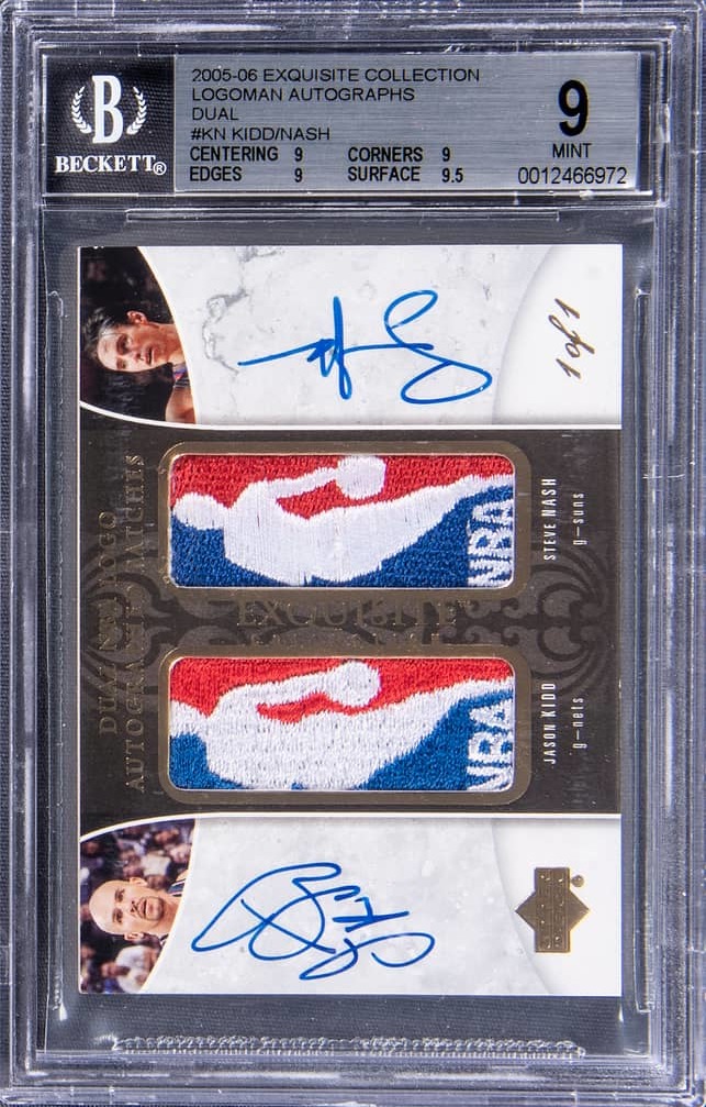 2005-06 Exquisite Collection Logoman Autographs Dual #KN Jason Kidd/Steve Nash Signed Game-used Patch Card (#1/1) - BGS MINT 9/BGS 10