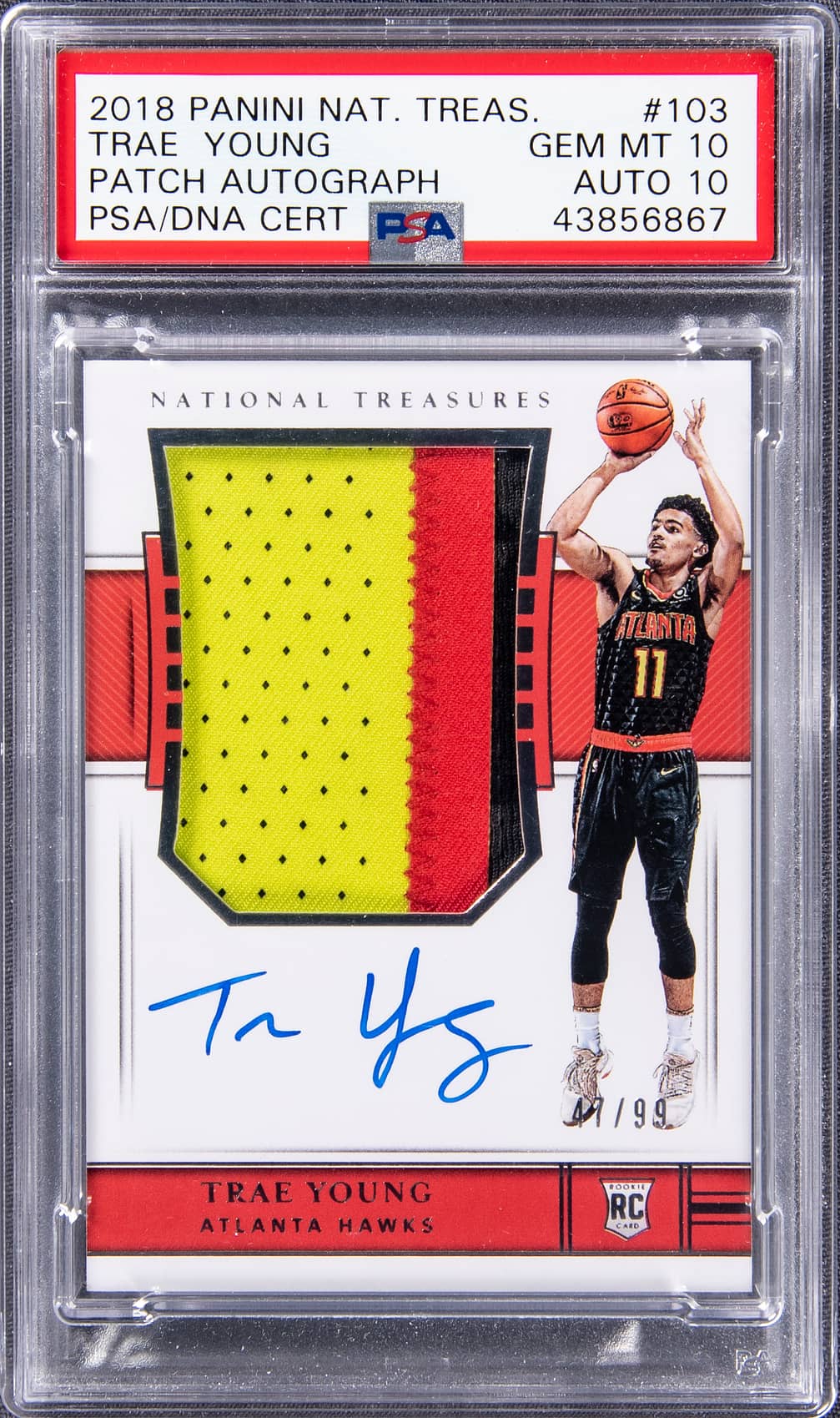 2018-19 Panini National Treasures Rookie Patch Autographs #103 Trae Young Signed Patch Rookie Card (#47/99) - PSA GEM MT 10, PSA/DNA 10
