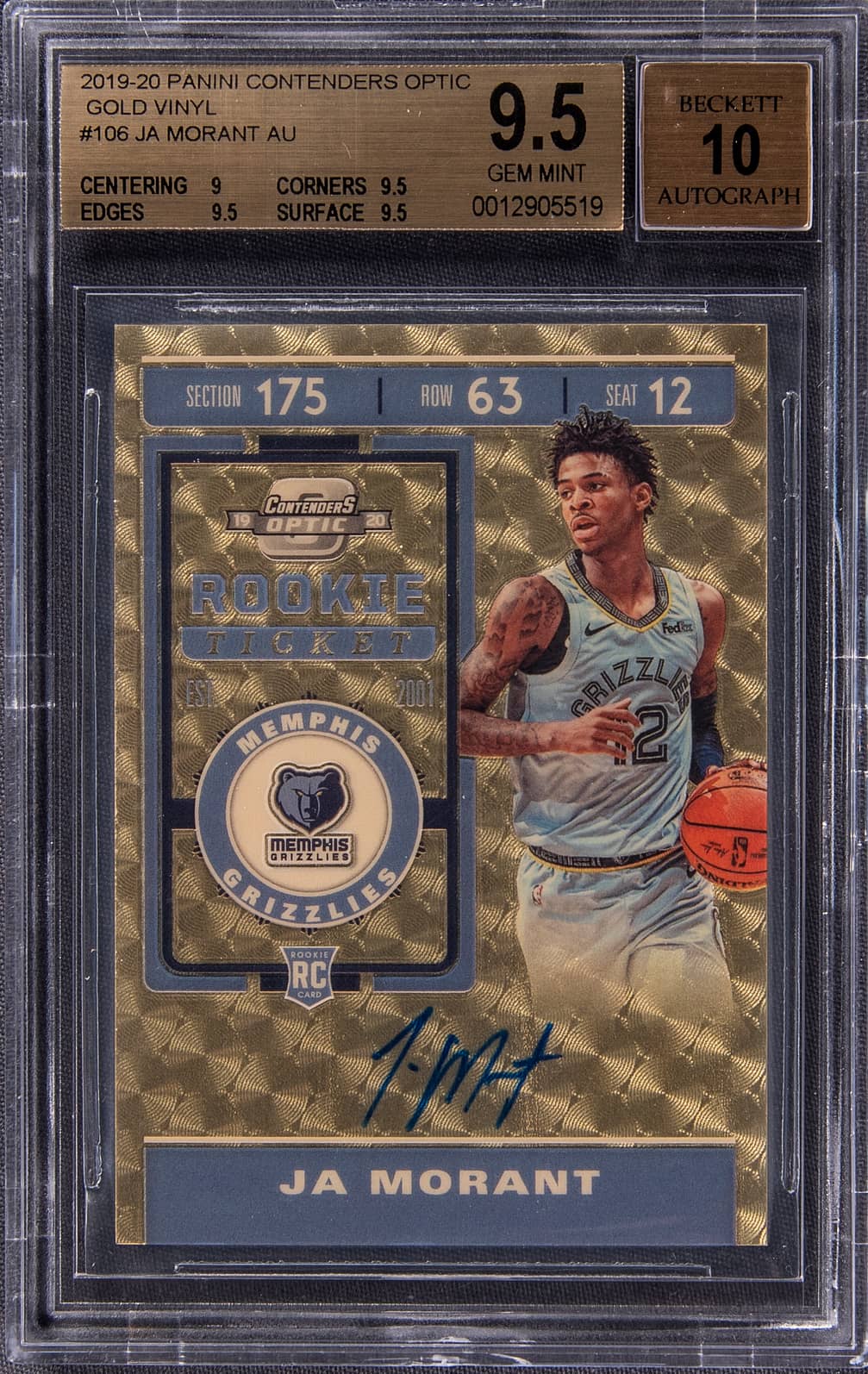 2019-20 Panini Contenders Optic Rookie Ticket Autographs Gold Vinyl #106 Ja Morant Signed Rookie Card (#1/1) – BGS GEM MINT 9.5/BGS 10