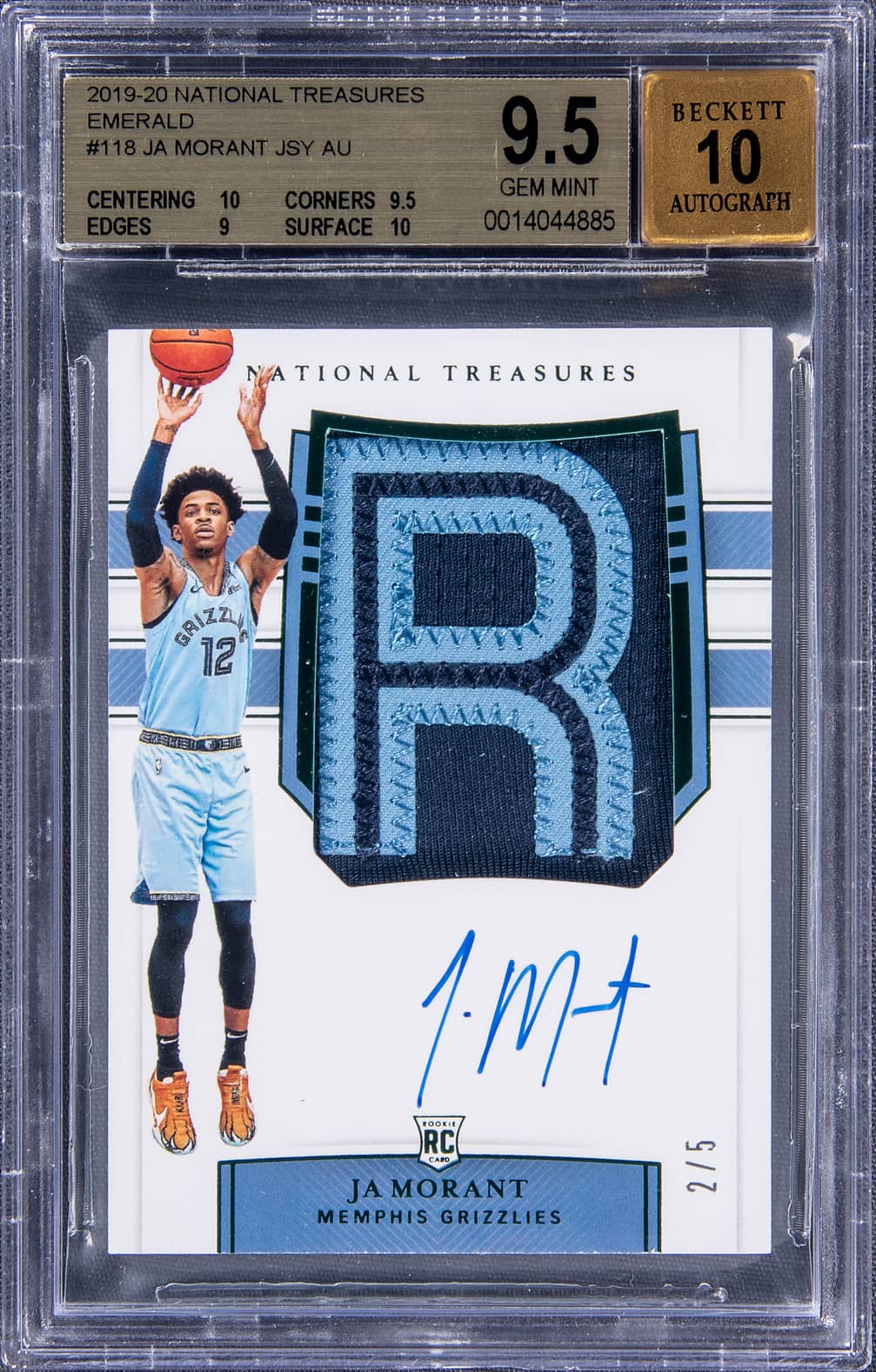 2019-20 Panini National Treasures Emerald #118 Ja Morant Signed Patch Rookie Card (#2/5) - BGS GEM MINT 9.5/BGS 10