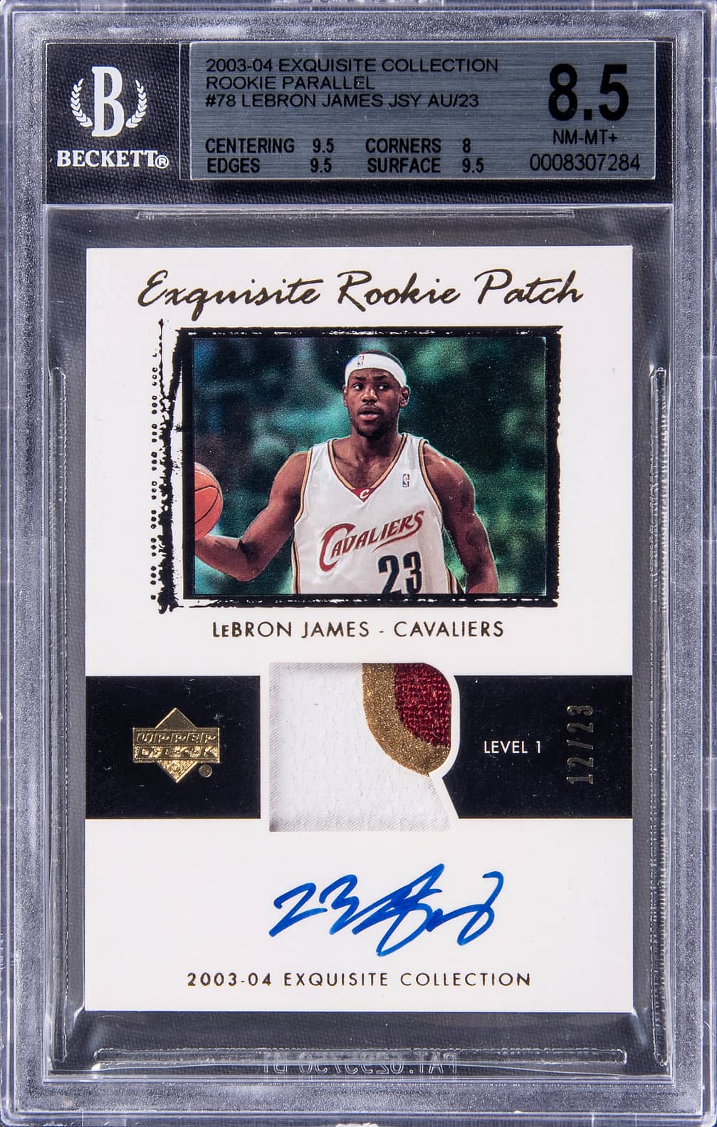 2003-04 Upper Deck Exquisite Collection Rookie Patch Autograph Parallel (RPA) #78 LeBron James Signed Patch Rookie Card (#12/23) – BGS NM MT+ 8.5/Beckett 10