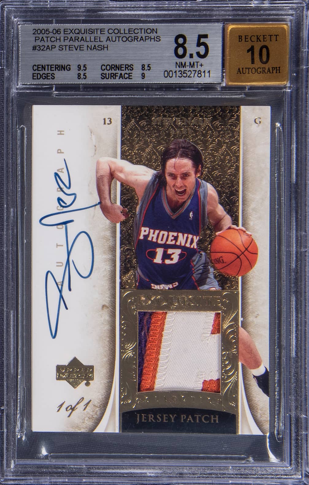 2005-06 UD Exquisite Collection Patch Parallel Autograph #32-AP Steve Nash Signed Game-Used Patch Card (#1/1) – BGS NM-MT+ 8.5/Beckett 10