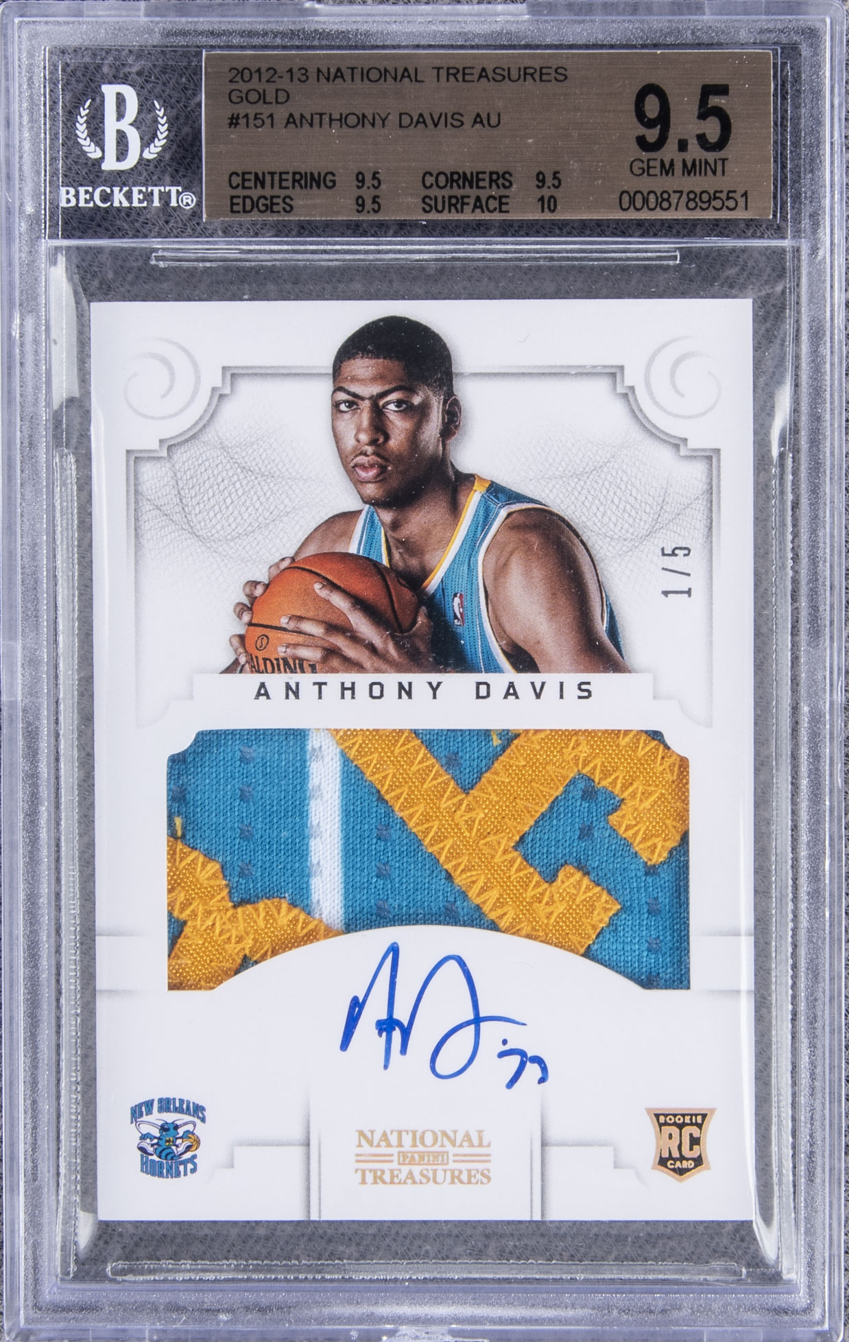 2012-13 Panini National Treasures Gold #151 Anthony Davis Signed Patch Rookie Card (#1/5) - BGS GEM MINT 9.5/BGS 10 - A "True Gem+" Example!