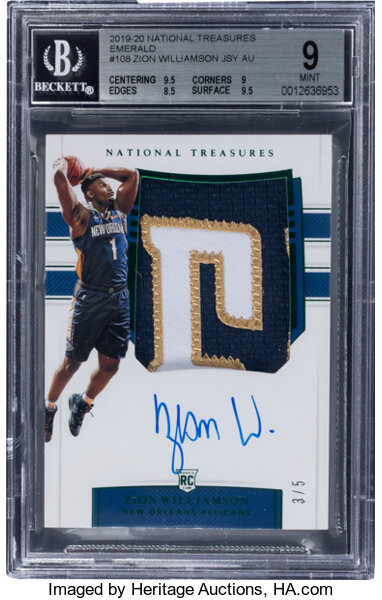 2019 National Treasures Zion Williamson (Emerald-Jersey Autograph) #108 BGS Mint 9