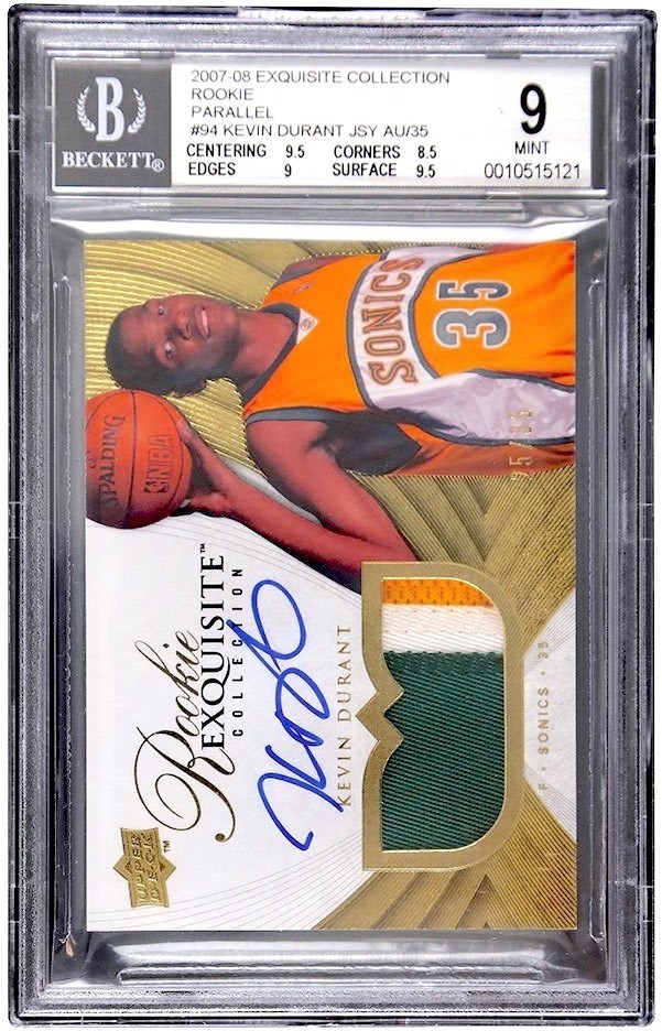 2007-08 Exquisite Collection Rookie Parallel #94 Kevin Durant RPA Three Color Patch Autograph 25/35 BGS MINT 9 - Auto 10