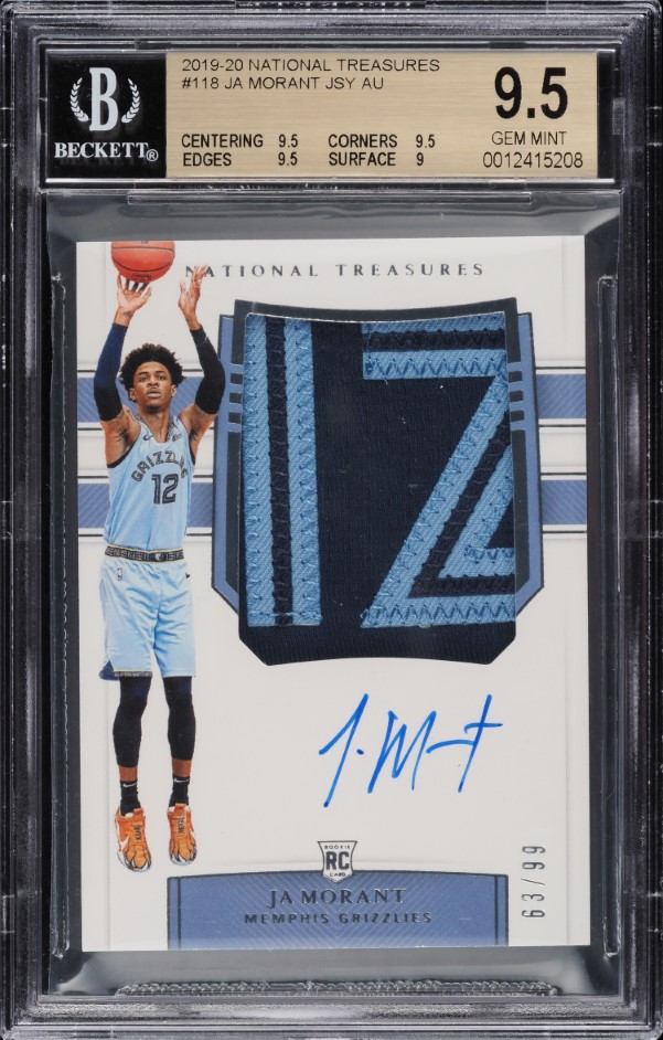 2019 National Treasures Ja Morant ROOKIE PATCH AUTO /99 #118 BGS 9.5 GEM MINT