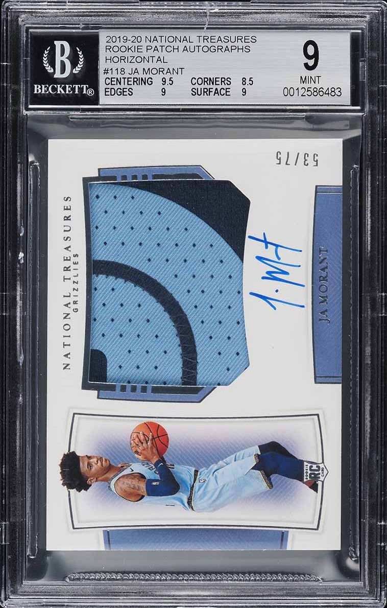 2019 National Treasures Horizontal Ja Morant ROOKIE PATCH AUTO /75 #118 BGS 9