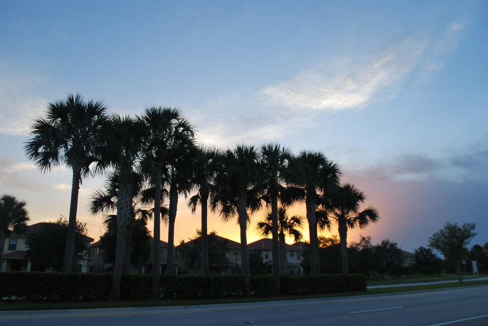 Sunset over houses in Parkland, Florida