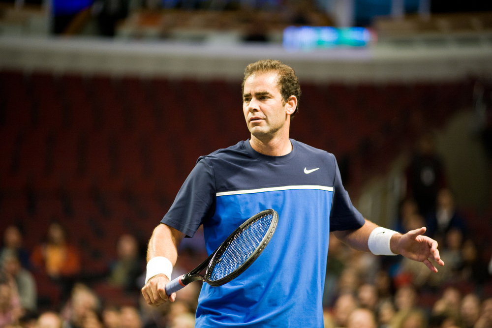Pete Sampras competing in the 2012 Powershares QQQ Challenge
