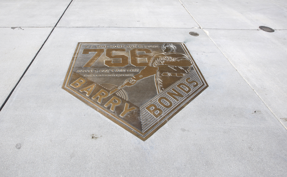 The numerous home run records of Barry Bonds displayed on a boardwalk outside the home of the San Francisco Giants at AT&T Park