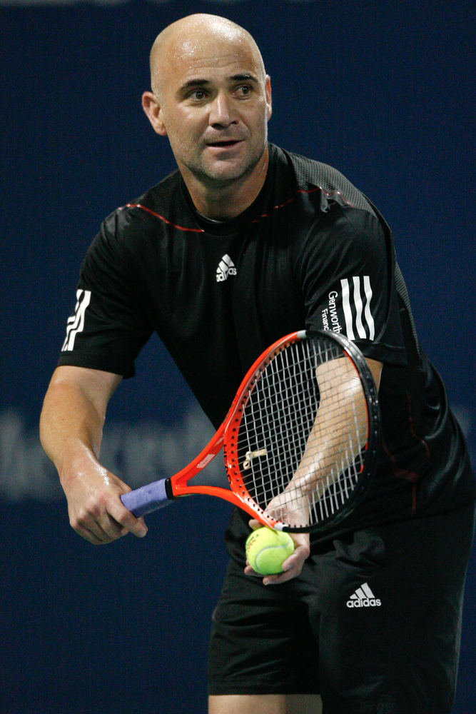 Andre Agassi playing at a charity match at the Farmers Classic
