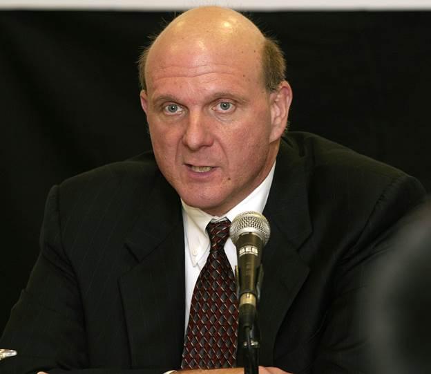 Steve Ballmer in a suit, by a microphone