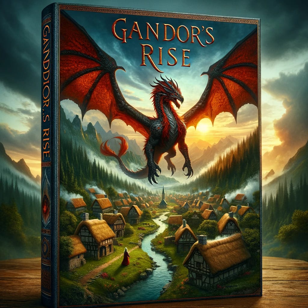An AI generated book cover design of a fantasy book with a dragon flying over a village.
