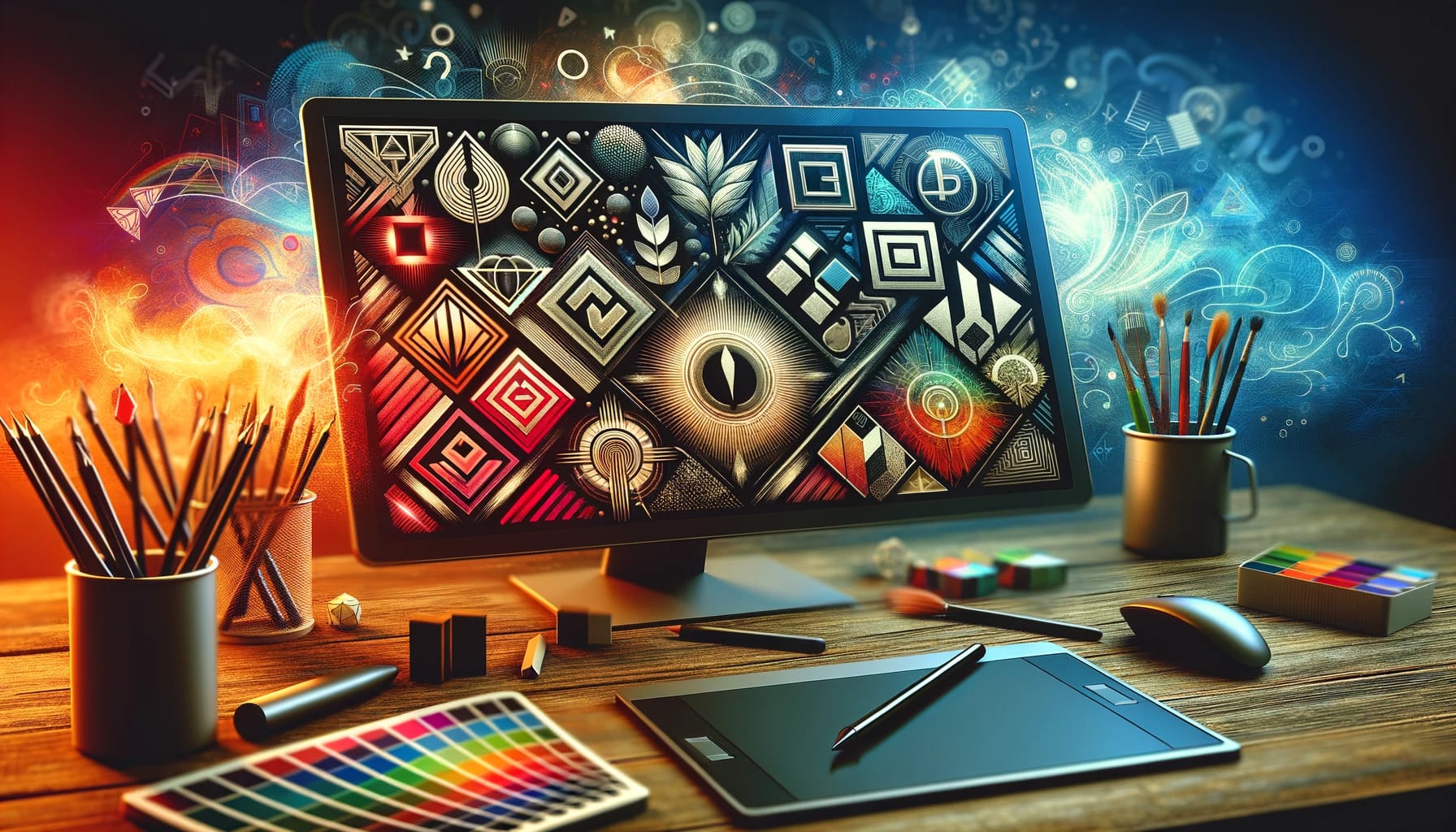 an artistic representation of logo design.  Abstract logos on a computer screen with art supplies scattered around the desk illustrating one way to make money with midjourney.