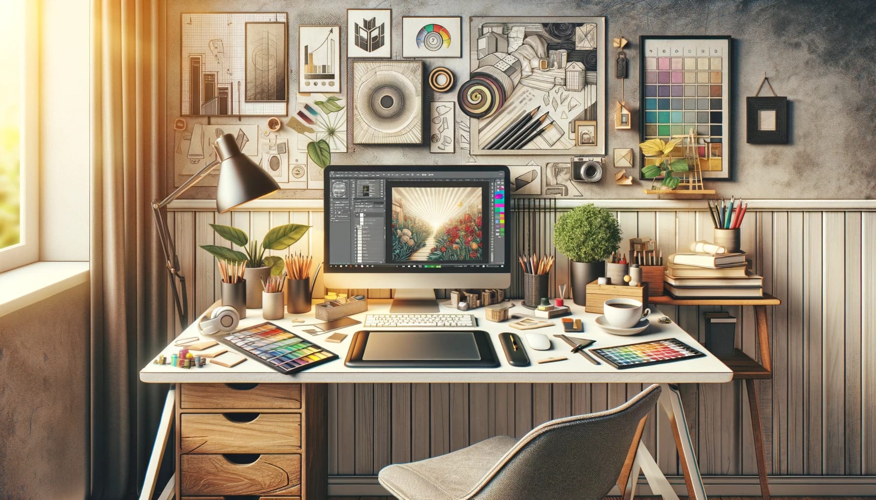 A busy desk of graphic design tools
