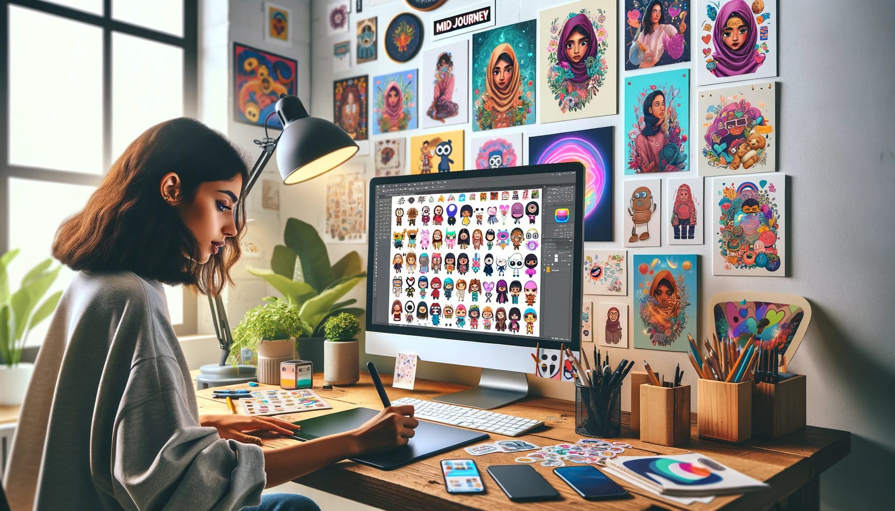 a female graphic designer creating sticker packs with AI