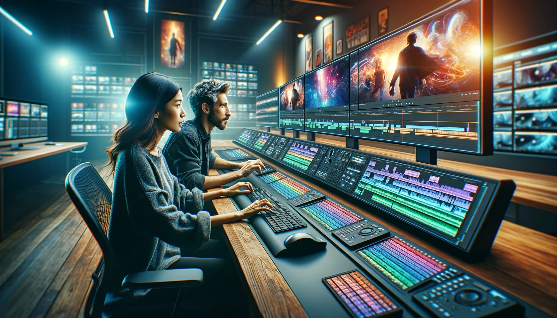 A man and a woman in a futuristic video editing studio