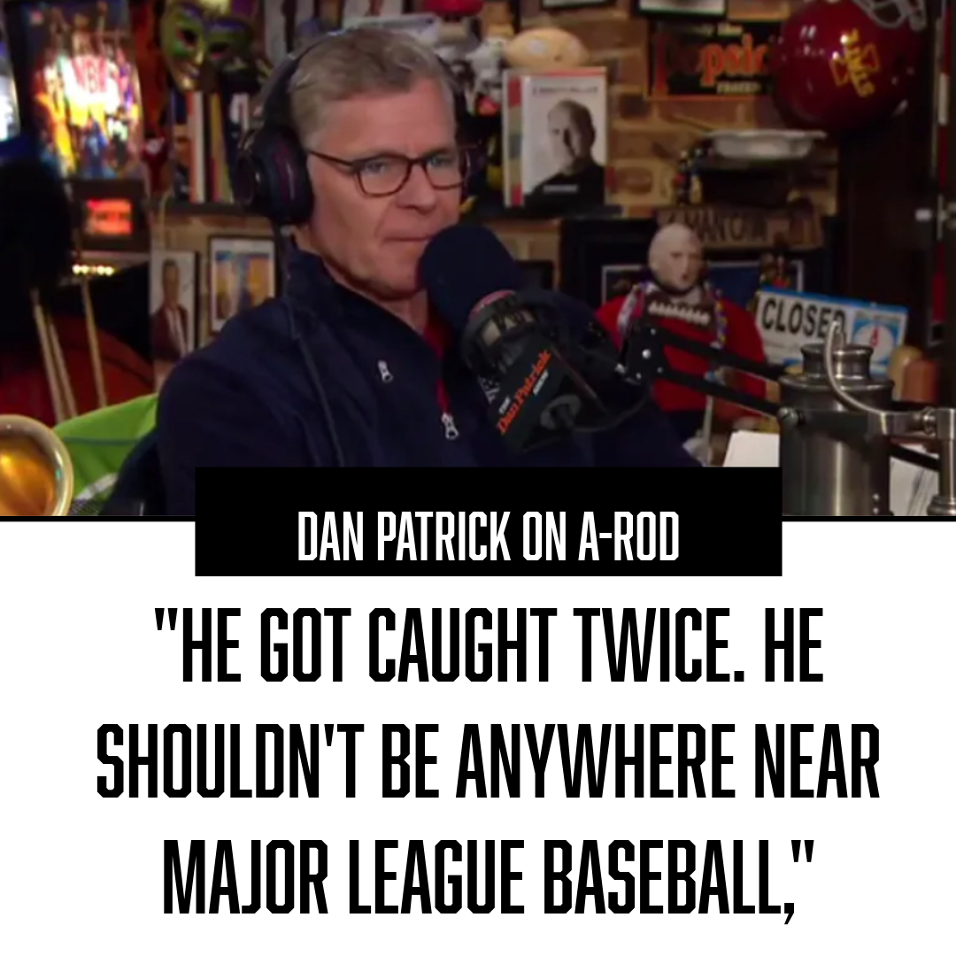 Dan Patrick on the set of The Dan Patrick Show.  Quote about A-Rod on the bottom of the graphic.